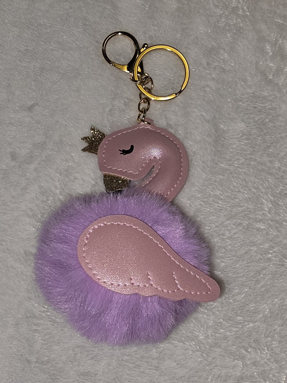 Pink Flamingo Pom Bag Charm  Keychain with Gold Crown